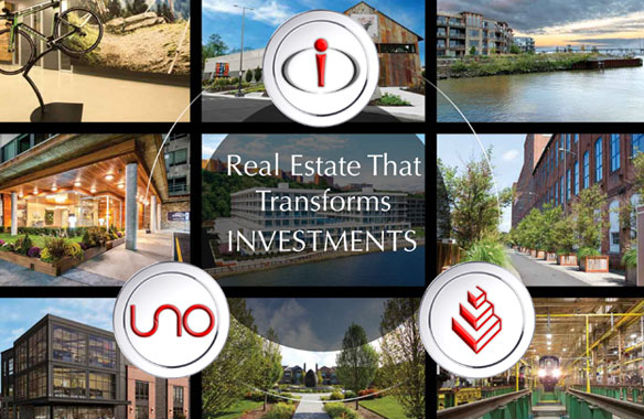 National Resources website: 3 graphic tokens around text 'Real Estate that Transforms Investments', property development grid.