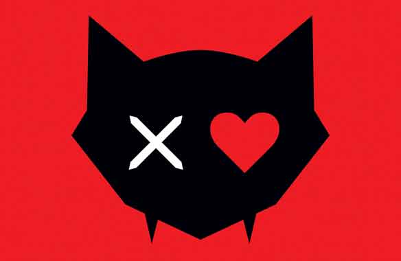 Bad Kitty NYC Band logo: black stylized cat head with X and heart eyes, protruding fangs on red background.