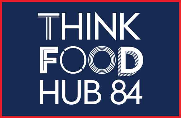 White 'Think Food Hub 84' text in multi-face fonts on blue background, surrounded by red line.