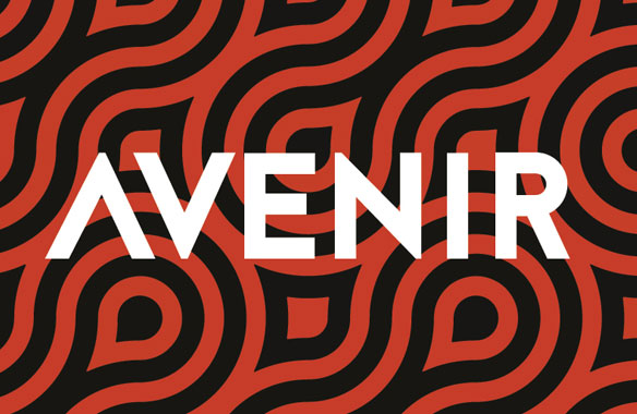 The Avenir logo: white type on wavy black and red branding graphic background.