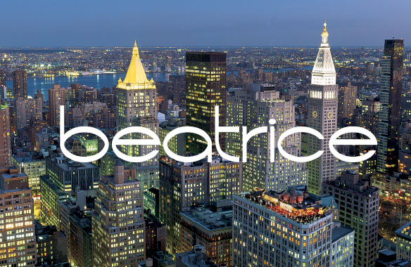 The Beatrice logo: white lowercase letters on photo of New York City twilight skyline.