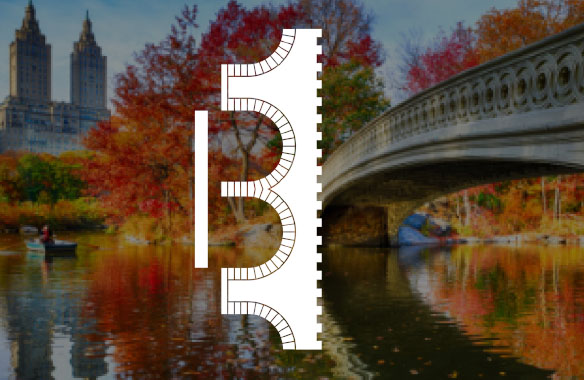 Bridgeline logomark: uppercase 'B' made of brick shapes, on fall photo of Central Park.