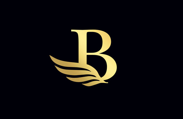 BuroHQ logomark: golden uppercase 'B' with stylized wing graphic over bottom left, black background.