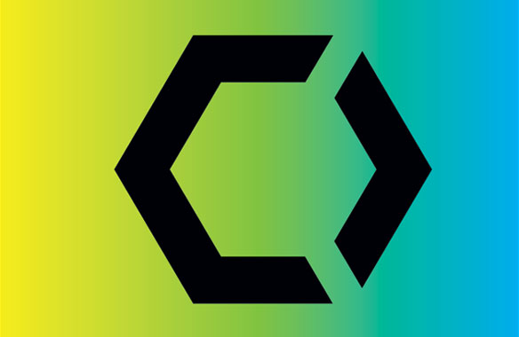 CryptoHQ logomark: hexagon shaped forming a 'C' and arrow on yellow to blue gradient background.