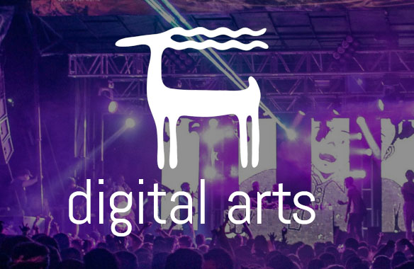 Digital Arts logo: white cave painting-styled deer-like graphic with white lowercase type on purple concert background.