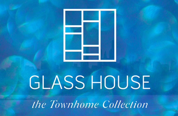 Glass House white logo on abstract water background with text 'the Townhome Collection'.