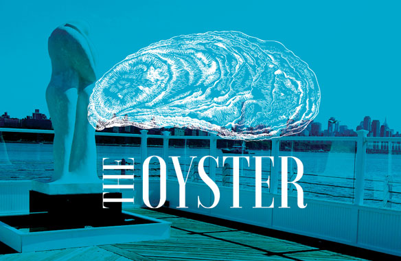 The Oyster logo: white etched oyster graphic over uppercase type on blue photo of hugging couple statue by Hudson River.