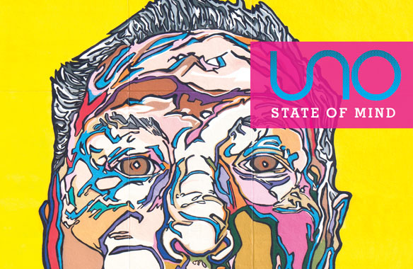 UNO Logo with 'State of Mind' text on cropped man's head illustration, yellow background.
