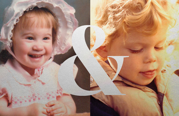 Front of Lauren & Colin wedding invitation with childhood photos, 